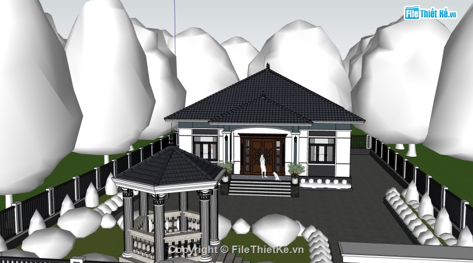 Model su biệt thự 1 tầng,biệt thự 1 tầng file sketchup,Biệt thự 1 tầng 11.92x11.52m,file sketchup biệt thự 1 tầng,file su biệt thự 1 tầng