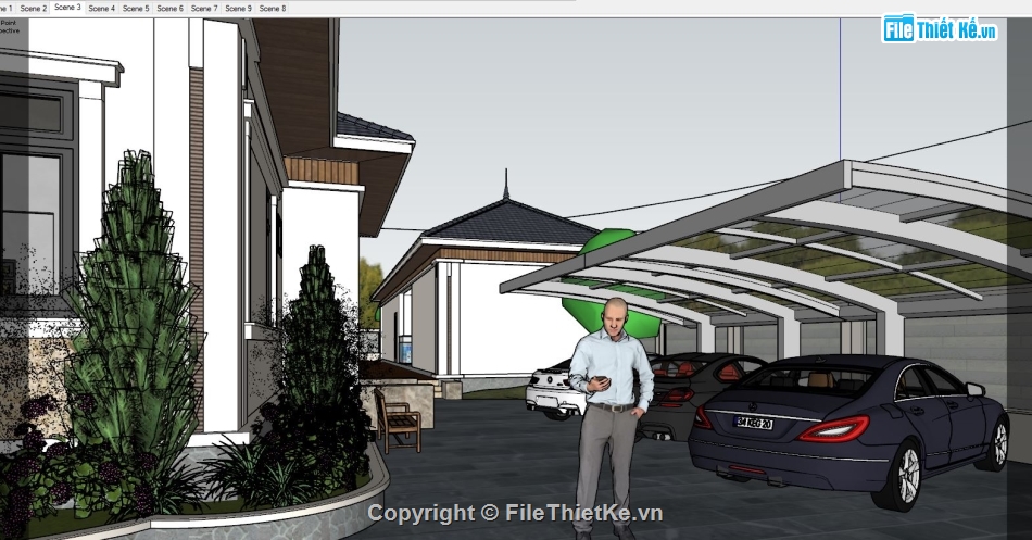 Biệt thự 1 tầng,Sketchup Biệt thự 1 tầng,model 3d Biệt thự 1 tầng,phối cảnh biệt thự 1 tầng