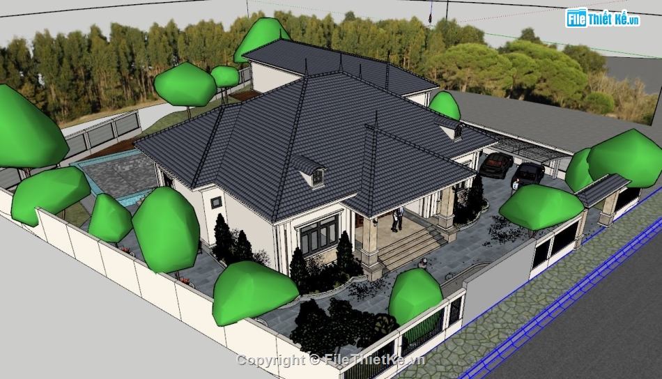 Biệt thự 1 tầng,Sketchup Biệt thự 1 tầng,model 3d Biệt thự 1 tầng,phối cảnh biệt thự 1 tầng