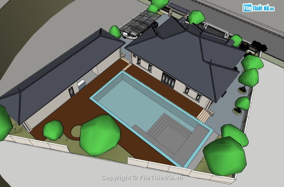 Biệt thự 1 tầng,Sketchup Biệt thự 1 tầng,model 3d Biệt thự 1 tầng,phối cảnh biệt thự 1 tầng