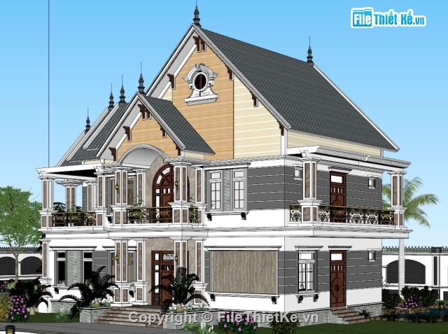 biệt thự đẹp,biệt thự sketchup,1 trệt 1 lầu,sketchup biệt thự,Sketchup biệt thự 2 tầng