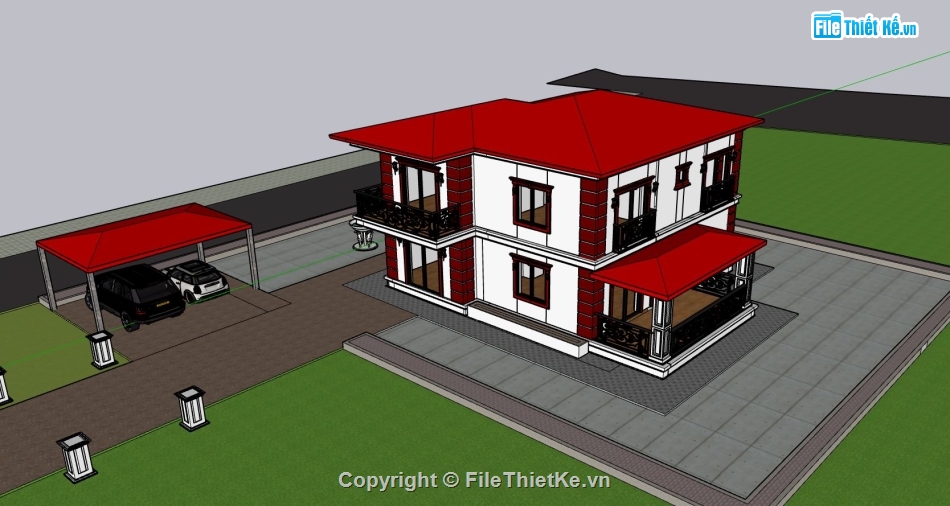 biệt thự 2 tầng,biệt thự sketchup,mẫu biệt thự 2 tầng đẹp,phối cảnh biệt thự 2 tầng