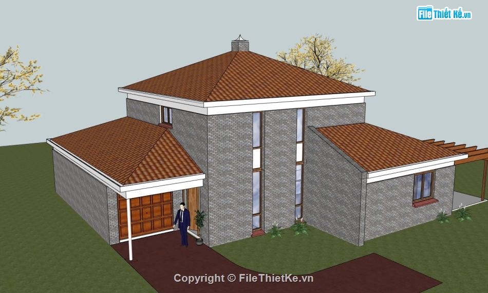 biệt thự 2 tầng,phối cảnh biệt thự 2 tầng,mẫu sketchup biệt thự 2 tầng,biệt thự gia đình