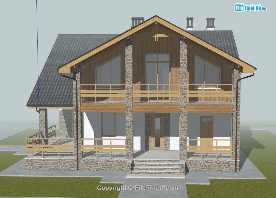 model su dựng biệt thự 2 tầng,file su biệt thự 2 tầng 13x14.4m,nhà biệt thự dựng sketchup