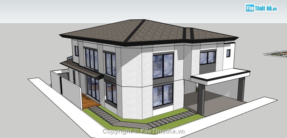 biệt thự 2 tầng,file sketchup biệt thự 2 tầng,phối cảnh biệt thự 2 tầng,mẫu biệt thự 2 tầng