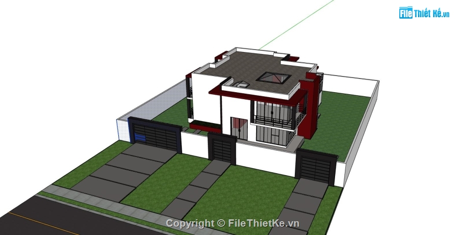 biệt thự 2 tầng,biệt thự sketchup,phối cảnh biệt thự 2 tầng,skethup biệt thự mái bằng