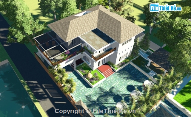 Sketchup,Biệt thự 2 tầng rưỡi,biệt thự 2 tầng,Biệt thự 10x15m