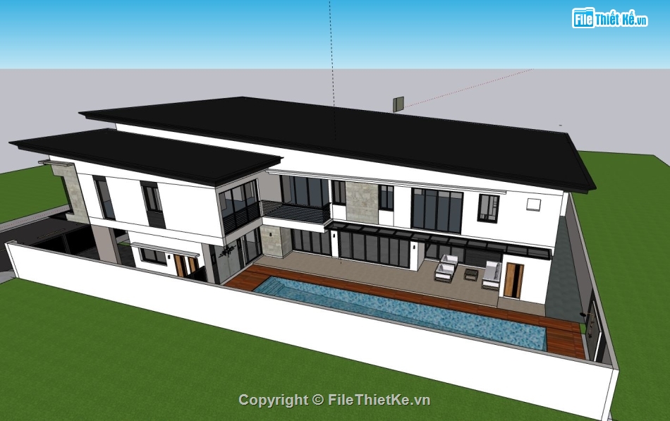 biệt thự 2 tầng,biệt thự sketchup,mẫu biệt thự hiện đại,sketchup phối cảnh biệt thự