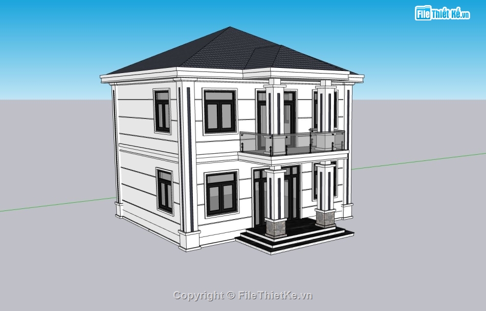 biệt thự sketchup,File sketchup biệt thự 2 tầng,phối cảnh biệt thự 2 tầng