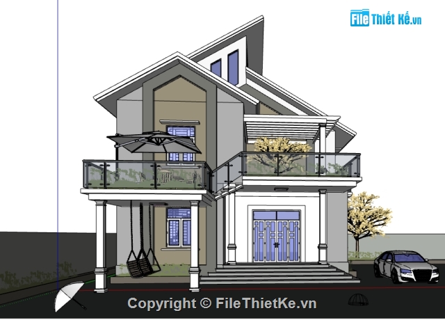 2 tầng,File CAD Biệt thự 2 tầng,Biệt thự 2 tầng rưỡi,nhà 2 tầng mái lệch