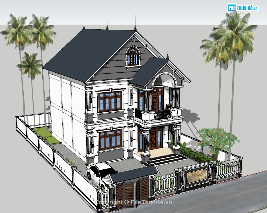 biệt thự 2 tầng 9.2x14m,Sketchup biệt thự 2 tầng,biệt thự mái thái file sketchup