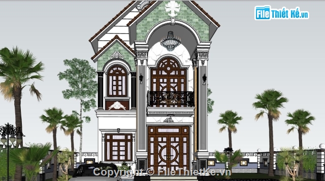 biệt thự 2 tầng,biệt thự 2 tầng mái thái,biệt thự mái thái,2 tầng mái thái,Sketchup,biệt thự 2 tầng 10x18m