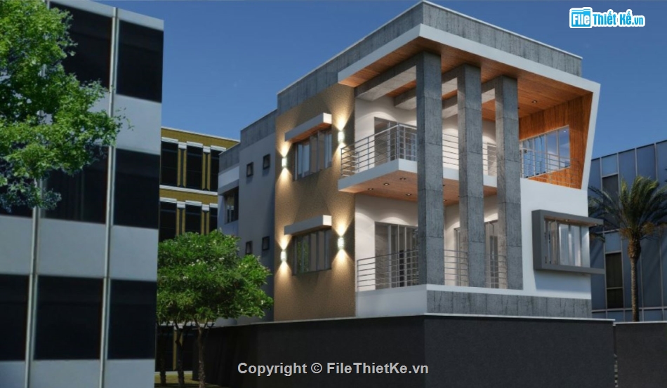 biệt thự 3 tầng,file sketchup biệt thự 3 tầng,phối cảnh biệt thự 3 tầng