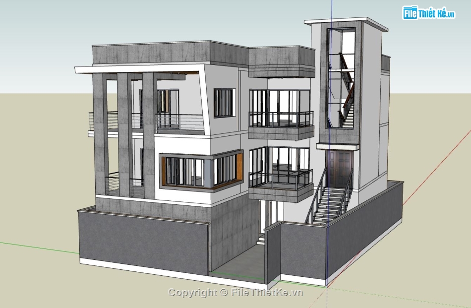 biệt thự 3 tầng,file sketchup biệt thự 3 tầng,phối cảnh biệt thự 3 tầng
