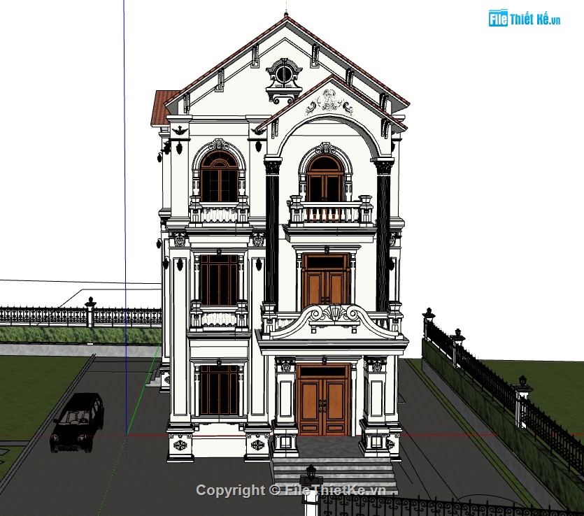biệt thự 3 tầng,biệt thự sketchup,biệt thự 3 tầng mái nhật,sketchup biệt thự 3 tầng