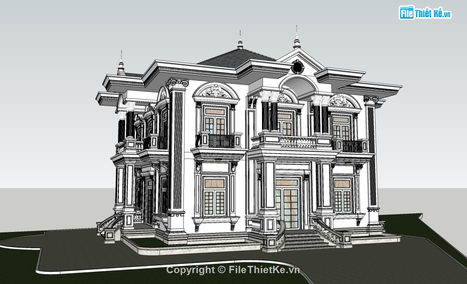 biệt thự 2 tầng,kiến trúc biệt thự,Sketchup biệt thự cổ điển,File Sketchup biệt thự cổ điển