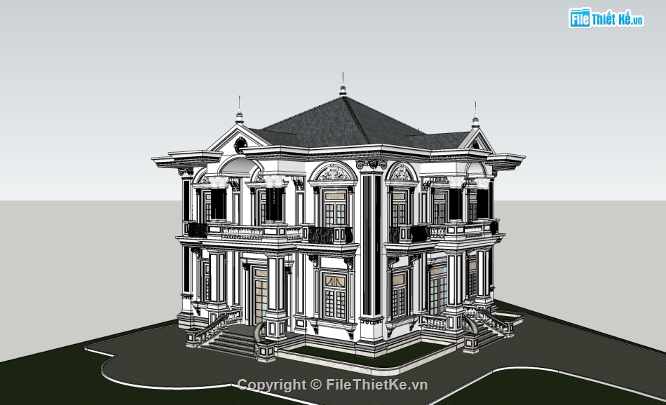 biệt thự 2 tầng,kiến trúc biệt thự,Sketchup biệt thự cổ điển,File Sketchup biệt thự cổ điển