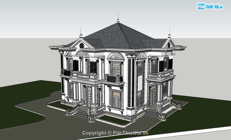 biệt thự 2 tầng,kiến trúc biệt thự,Sketchup biệt thự cổ điển,File Sketchup biệt thự cổ điển