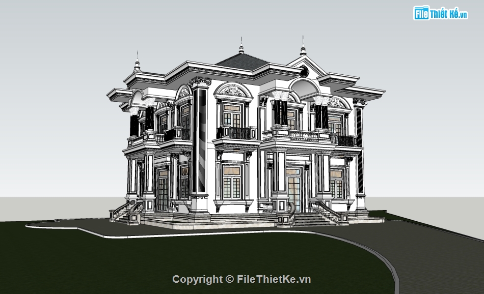 biệt thự 2 tầng,kiến trúc biệt thự,Sketchup biệt thự cổ điển,File Sketchup biệt thự cổ điển