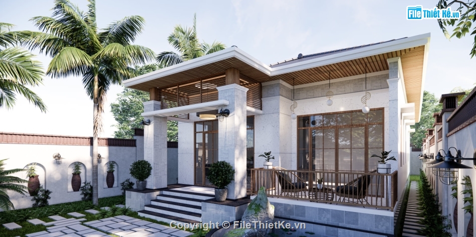 Model sketchup biệt thự,File su biệt thự 1 tầng,file su biệt thự vườn,Sketchup biệt thự mái nhật,file su biệt thự 8.4x15m