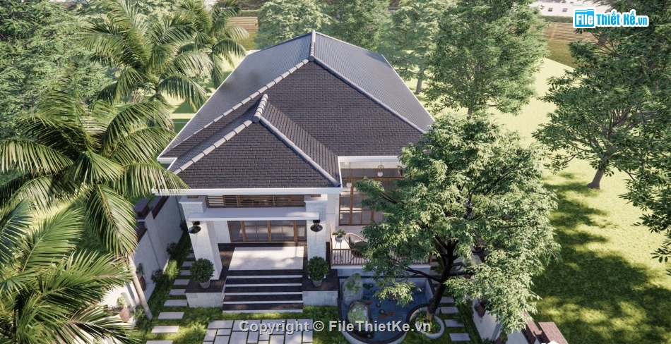 Model sketchup biệt thự,File su biệt thự 1 tầng,file su biệt thự vườn,Sketchup biệt thự mái nhật,file su biệt thự 8.4x15m