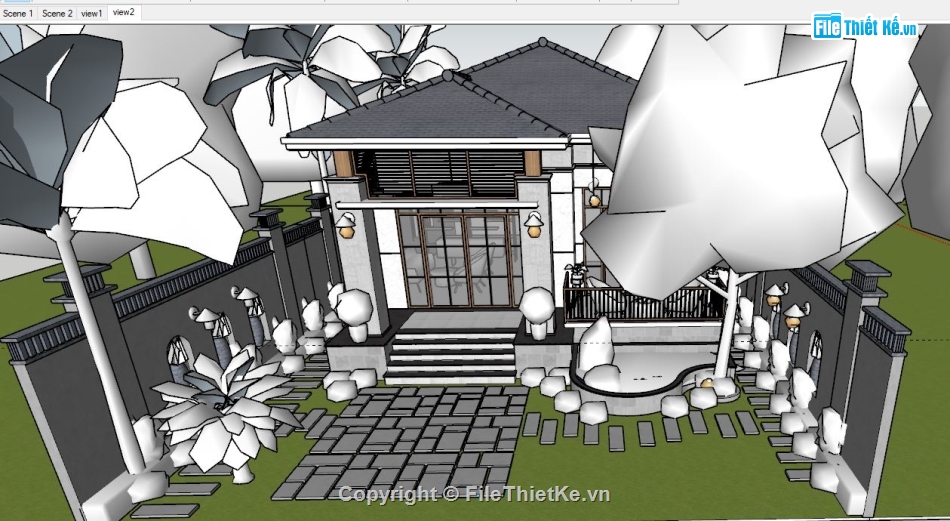 Model sketchup biệt thự,File su biệt thự 1 tầng,file su biệt thự vườn,Sketchup biệt thự mái nhật,file su biệt thự 8.4x15m