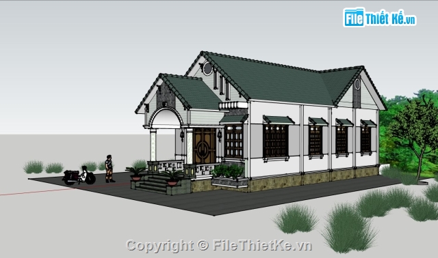 Biệt thự 3 tầng 1 mái,Biệt thự vườn 1 tầng,Nhà mái thái 1 tầng,sketchup biệt thự,su biệt thự mái thái 1 tầng