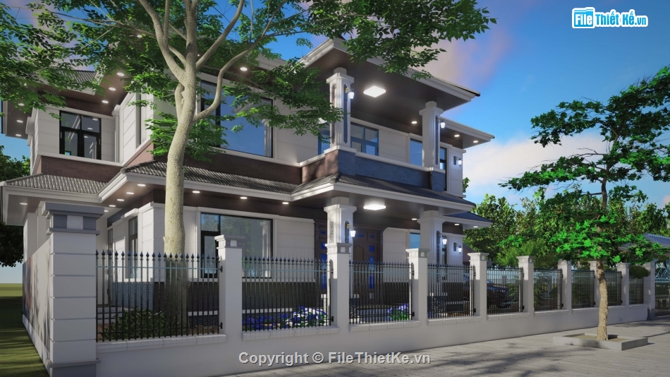 file sketchup biệt thự 2 tầng,biệt thự 2 tầng 12x16m,biệt thự mái thái 2 tầng sketchup,dựng model su biệt thự 2 tầng mái thái