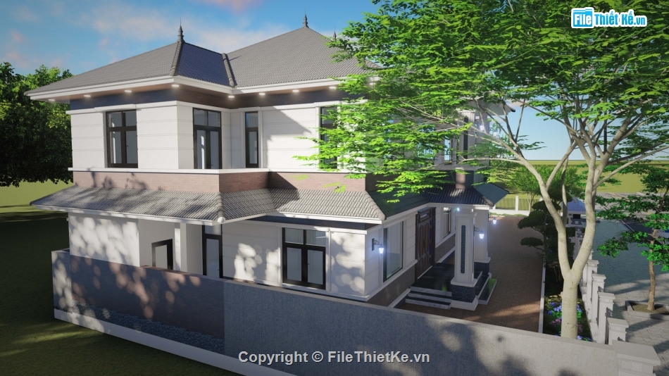 file sketchup biệt thự 2 tầng,biệt thự 2 tầng 12x16m,biệt thự mái thái 2 tầng sketchup,dựng model su biệt thự 2 tầng mái thái