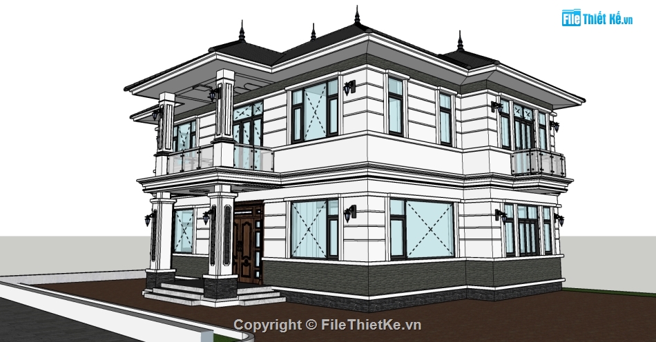 file sketchup biệt thự 2 tầng,biệt thự 2 tầng 12x16m,biệt thự mái thái 2 tầng sketchup,dựng model su biệt thự 2 tầng mái thái