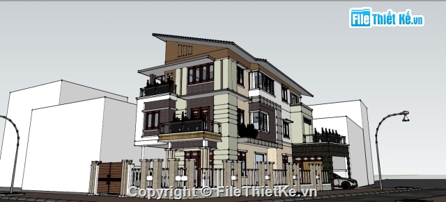 biệt thự phố 3 tầng,biệt thự sketchup,sketchup biệt thự,biệt thự phố mặt tiền 10m,nhà phố 2 mặt tiền,Model biệt thự file sketchup