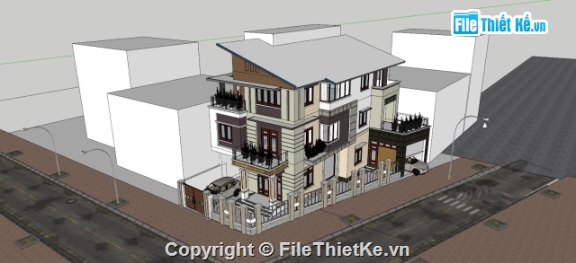 biệt thự phố 3 tầng,biệt thự sketchup,sketchup biệt thự,biệt thự phố mặt tiền 10m,nhà phố 2 mặt tiền,Model biệt thự file sketchup