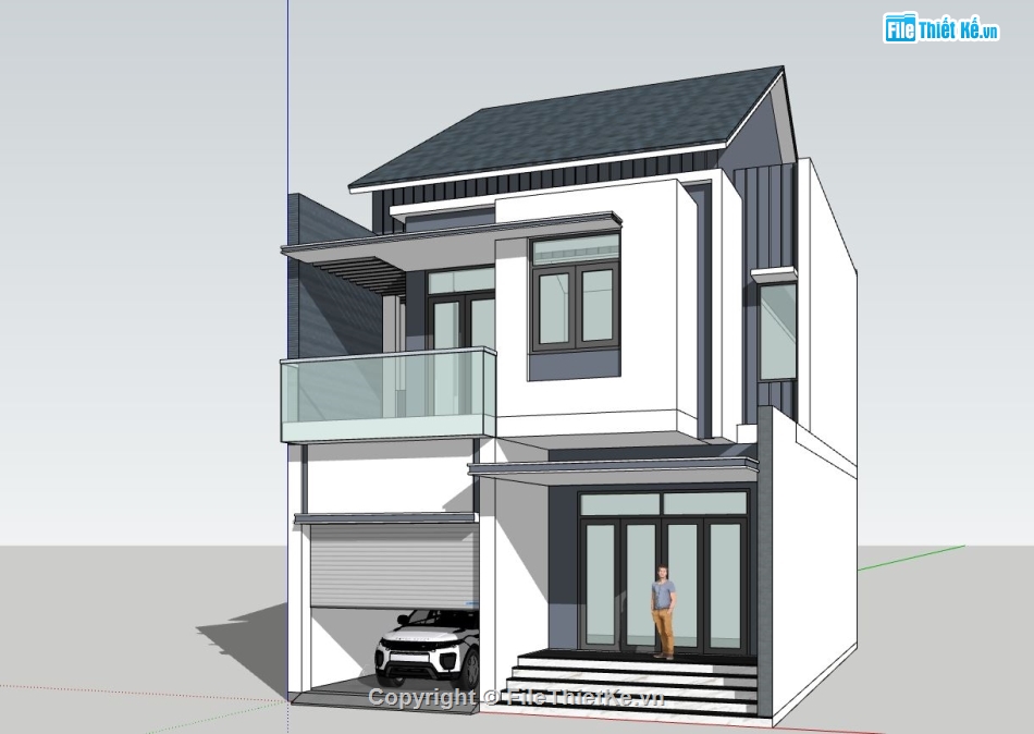 biệt thự phố 2 tầng,file sketchup biệt thự hiện đại,phối cảnh biệt thự 2 tầng