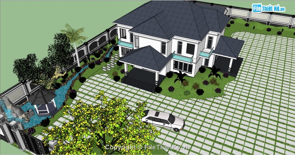 File sketchup biệt thự sân vườn,File sketchup biệt thự sân vườn rất đẹp,Model biệt thự sân vườn tiểu cảnh