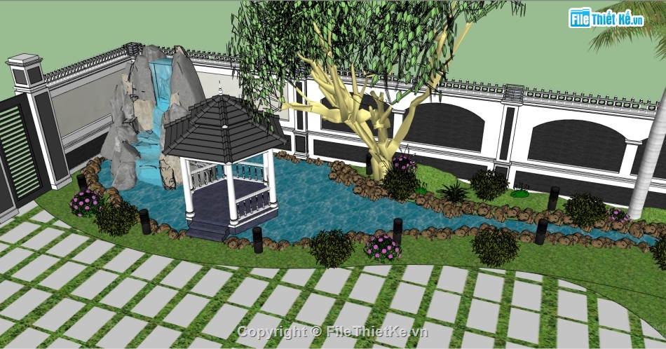 File sketchup biệt thự sân vườn,File sketchup biệt thự sân vườn rất đẹp,Model biệt thự sân vườn tiểu cảnh