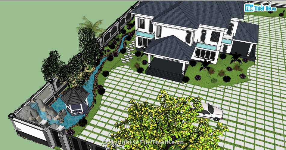 File sketchup biệt thự sân vườn,File sketchup biệt thự sân vườn rất đẹp,Model biệt thự sân vườn tiểu cảnh