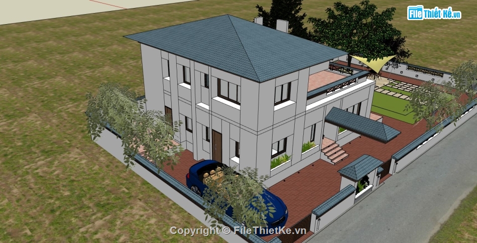 biệt thự 2 tầng,biệt thự vườn,file sketchup biệt thự 2 tầng,mẫu biệt thự hiện đại