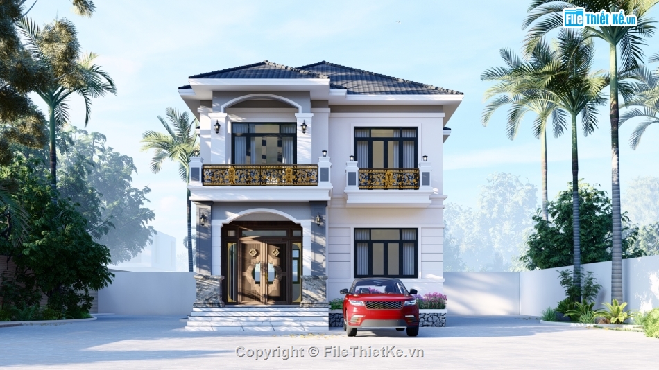 sketchup biệt thự vườn,file sketchup biệt thự 2 tầng,biệt thự 2 tầng 9x15m,su biệt thự vườn