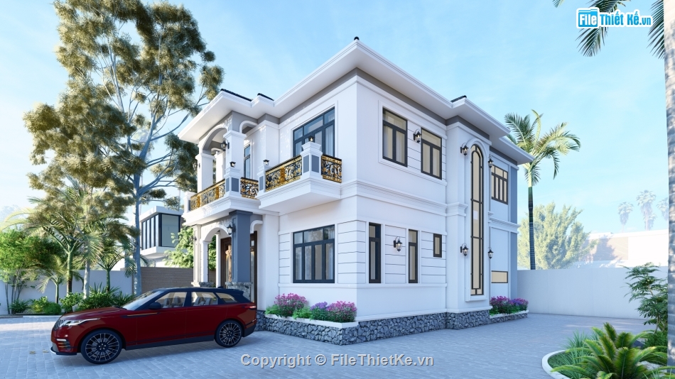 sketchup biệt thự vườn,file sketchup biệt thự 2 tầng,biệt thự 2 tầng 9x15m,su biệt thự vườn
