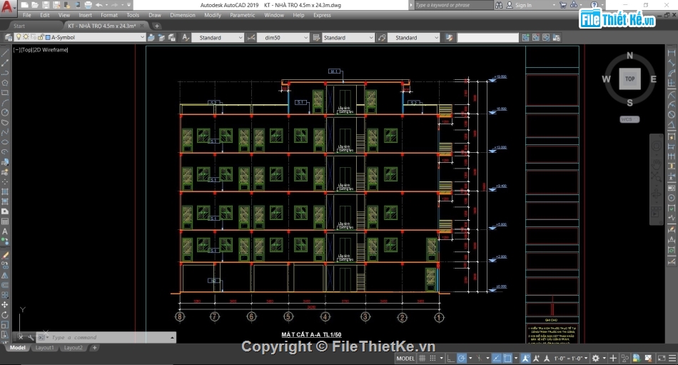 nhà trọ 4.5x23.4m 6 tầng,bản vẽ kiến trúc nhà 6 tầng,File cad nhà 6 tầng,phối cảnh nhà 6 tầng,thiết kế nhà 6 tầng