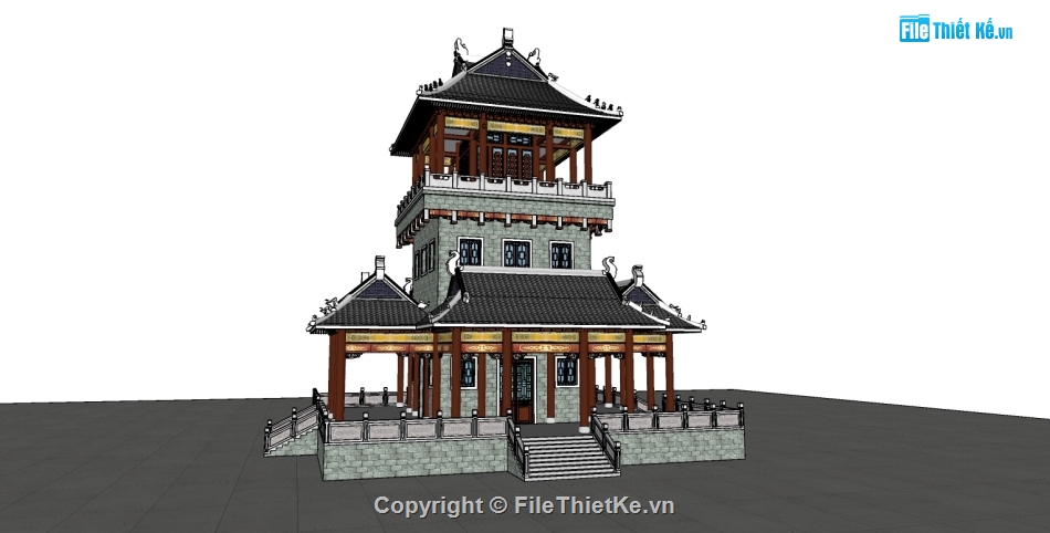 Đình chùa,File sketchup chùa,File sketchup cổng chùa,File 3d sketchup chùa,sketchup Đình chùa 3 tầng