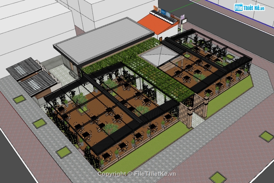 dự toán quán cà phê,quán cà phê sketchup,Mẫu quán cà phê,sketchup quán cafe,quán cafe 13x13.8m,model su quán cafe