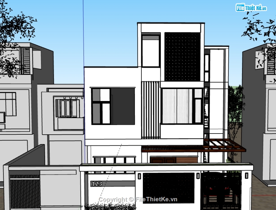 nhà 3 tầng file su,nhà phố 3 tầng,3d nhà phố 3 tầng,3d nhà phố 3 tầng 11x13m