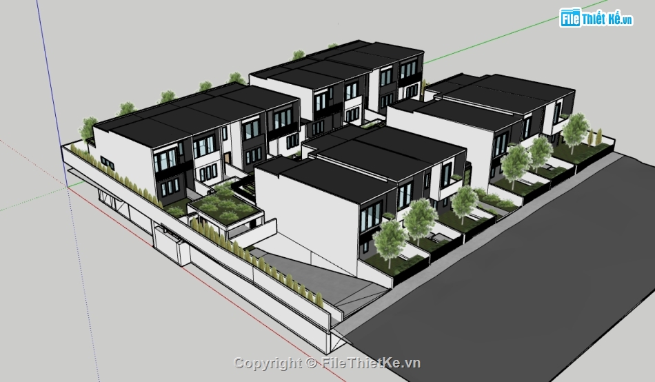 khu biệt thự dụng sketchup,3d su dựng khu biệt thự,model su thiết kế biệt thự 2 tầng