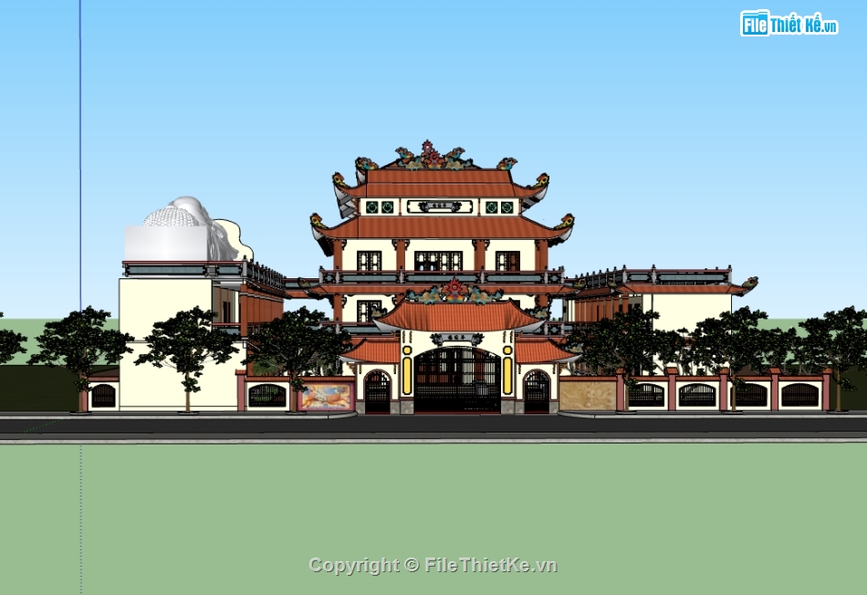 file sketchup chùa tiền quang,dựng bao cảnh chùa file su,model su dựng chùa tiền quang
