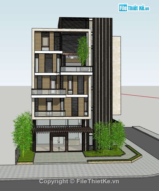 Nhà phố 5 tầng dựng 3d su,thiết kế nhà phố 5 tầng file sketchup,dựng 3d su nhà phố 2 mặt tiền