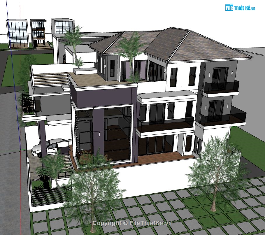 sketchup Villa 3 tầng,model sketchup villa 3 tầng,mẫu villa 3 tầng su đẹp