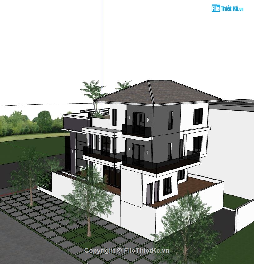 sketchup Villa 3 tầng,model sketchup villa 3 tầng,mẫu villa 3 tầng su đẹp