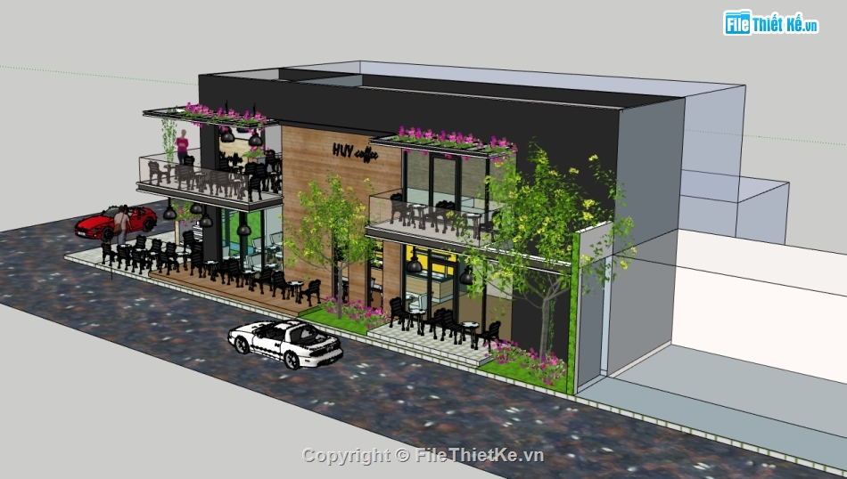 file sketchup quán cafe,quán cafe 2 tầng dựng 3d su,thiết kế quán cafe file su