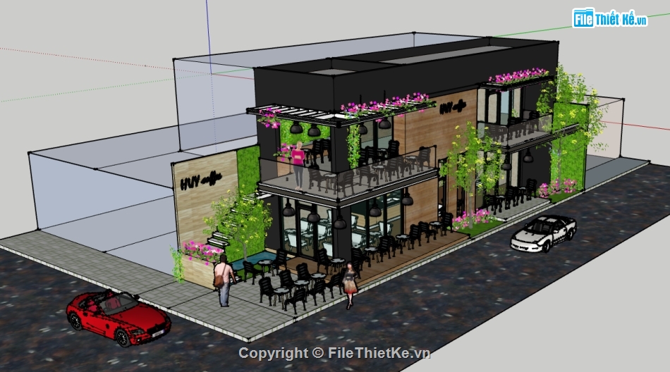 file sketchup quán cafe,quán cafe 2 tầng dựng 3d su,thiết kế quán cafe file su